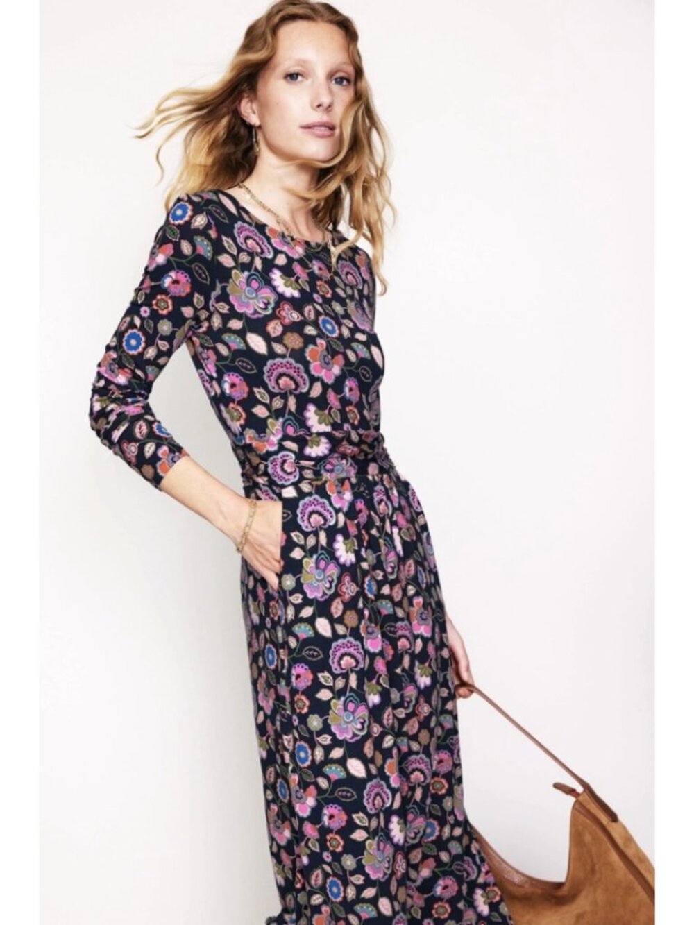 BODEN Amelie Long Sleeve Midi Sheath Stretch Dress Cascade Bloom Floral 12